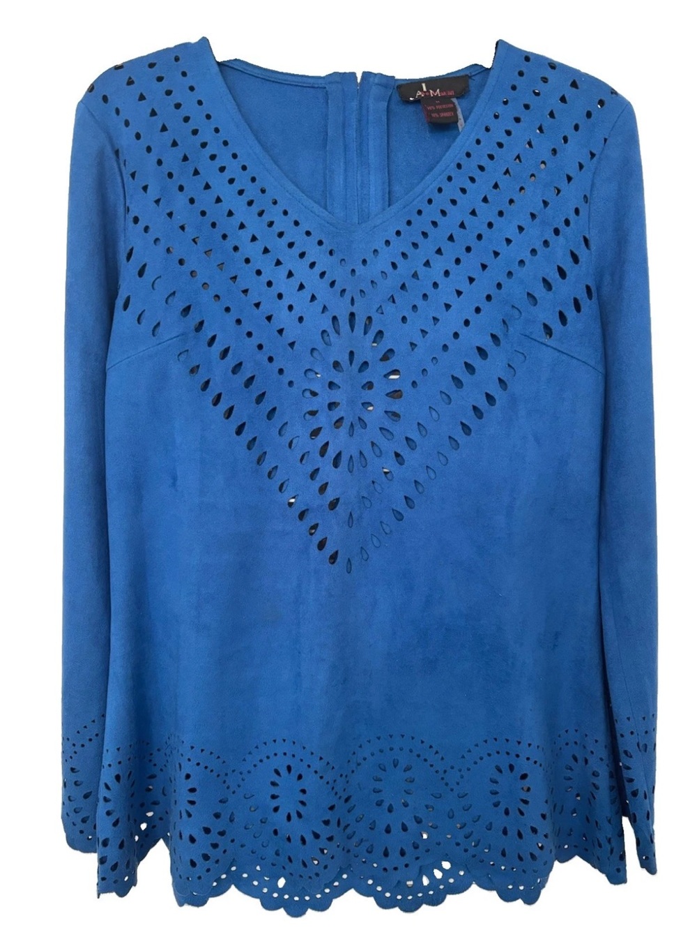 I AM Albert Makall Women's Royal Blue Laser-Cut Design Faux Suede V-Neck Top